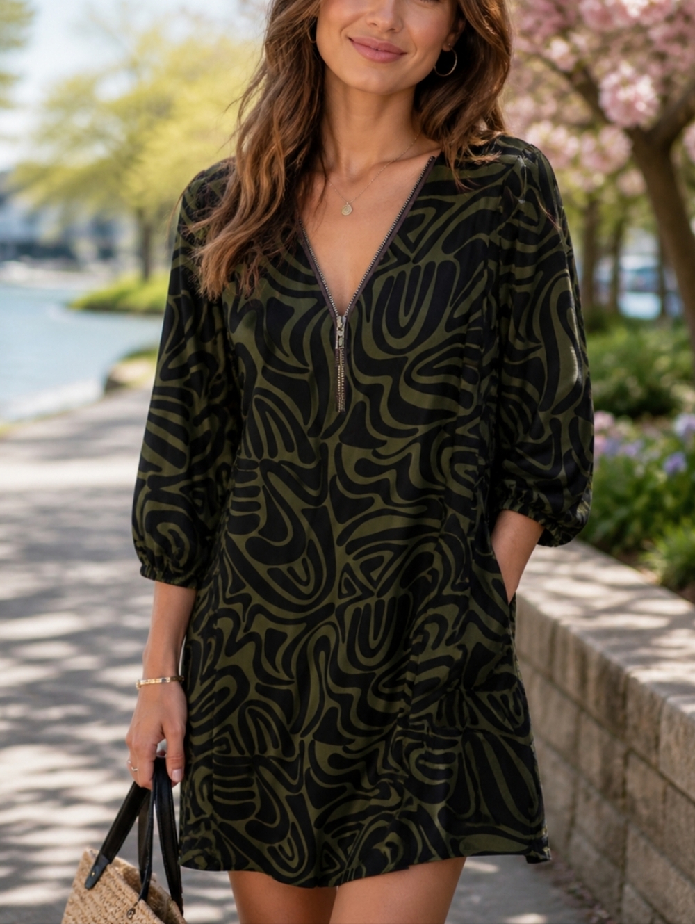 Joseph Ribkoff Black & Olive Green Abstract Pattern Dress | V-neck